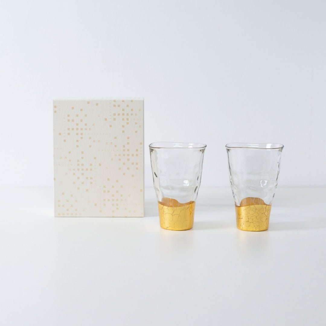 Grote Japanse sake glazen set met bladgoud uit Kanazawa, handmatig aangebracht door HAKUICHI in elegant design