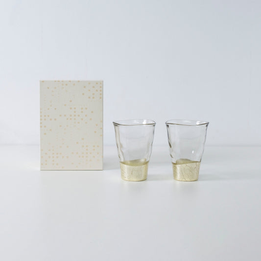 Champagne gold sake cup set in Japanese glass with Kanazawa leaf, minimalist and wabi-sabi style