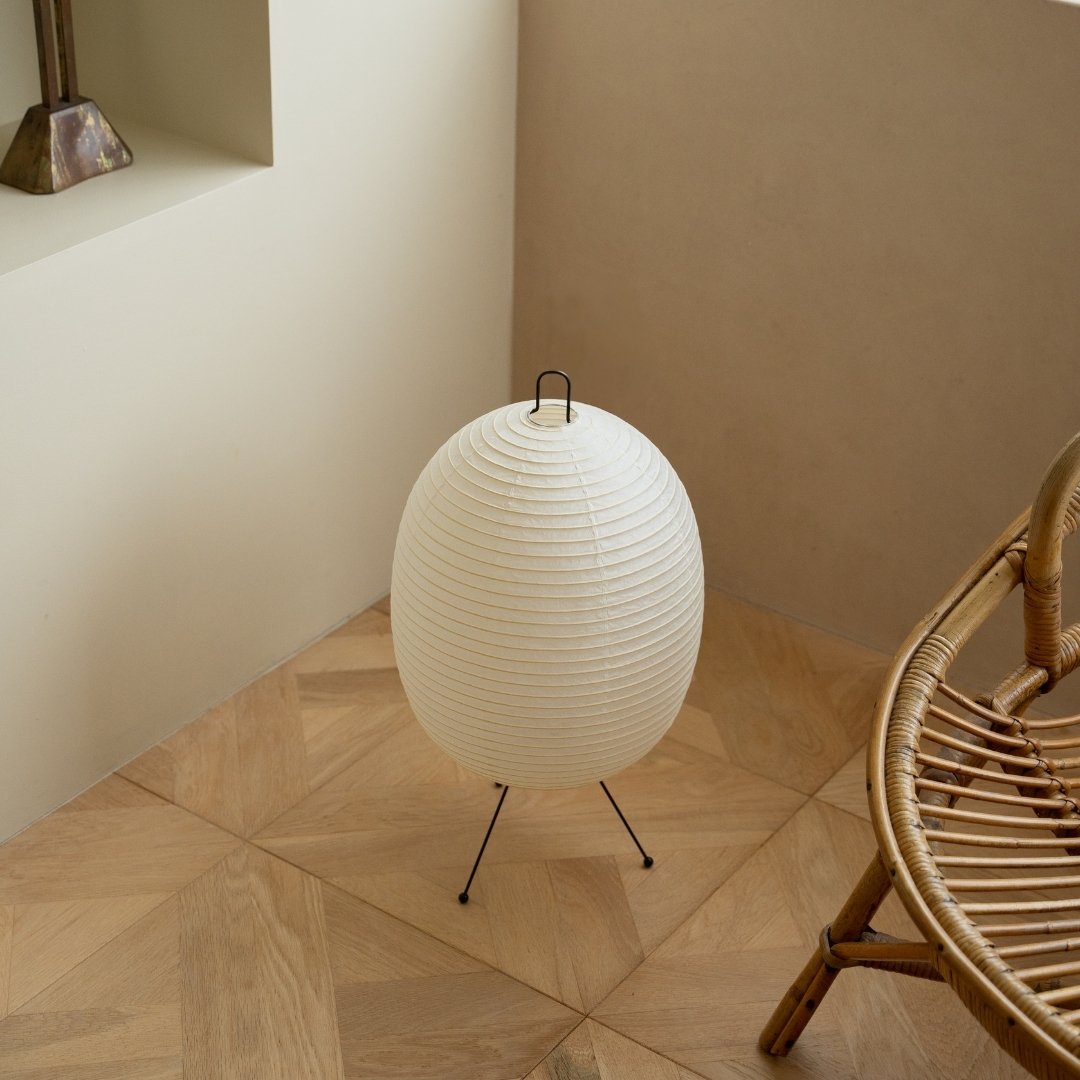 Japanese Paper Floor Lamp "Chochin lamp 02" with Japandi style chair - Paper stand lamp for living room & bedroom