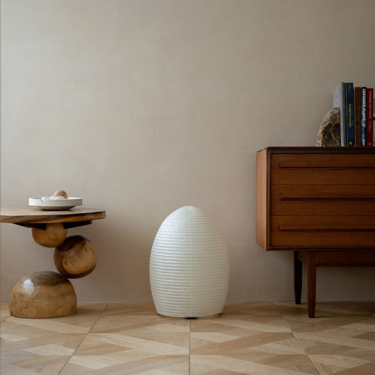Japanese Paper Floor Lamp "paper moon 11" in Japandi style living room – Unique white paper standing lamp for living room