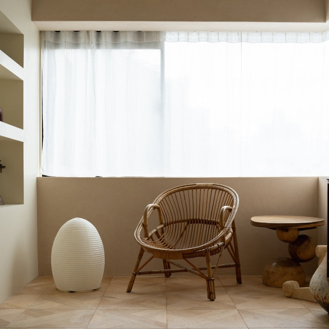 Japanese Paper Floor Lamp "paper moon 11" in Japandi style interior – Stylish paper floor lamp for living room