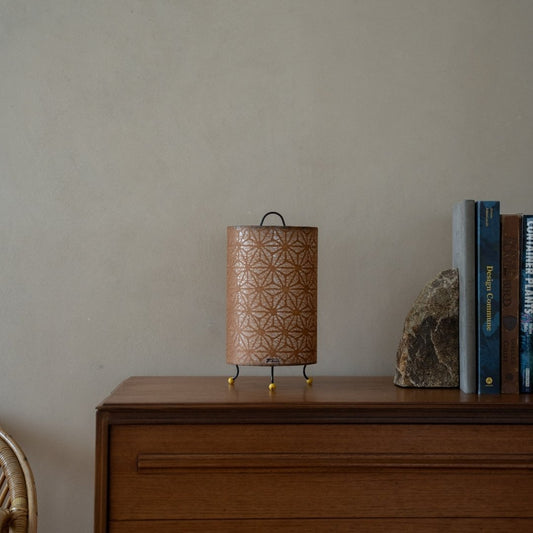 Japanese Paper Table Lamp "Lace Washi" Brown on a wood table in Japandi living room - Bedside table lamp for wabi-sabi interior