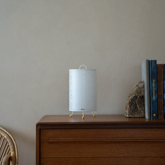 Japanese Paper Table Lamp "Lace Washi" White on a wood table in Japandi living room - Japandi bedside table lamp for bedroom
