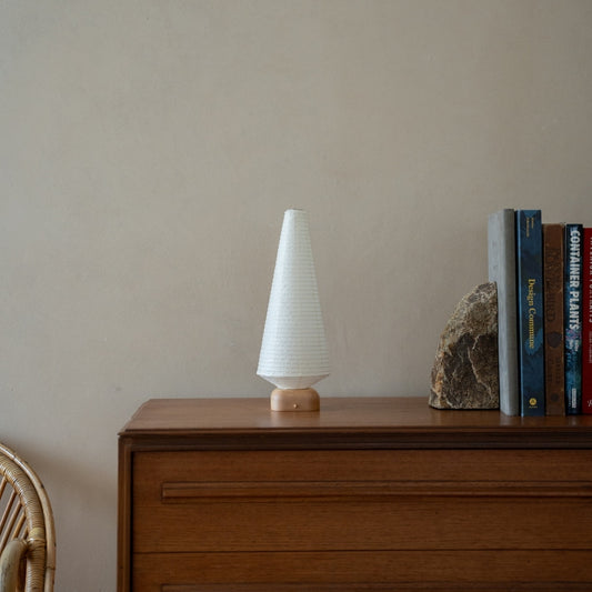 Japanese Paper Table Lamp "Tree" on wooden shelf in Japandi style living room – Paper lantern lamps for japanese bedroom and Japandi living room