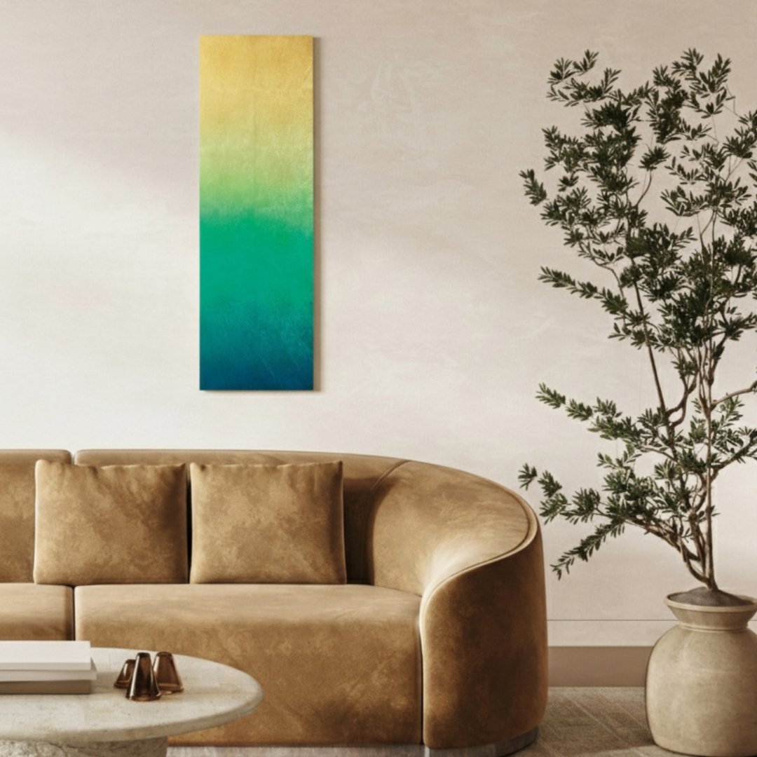 Japanese wall art panel Kinsui on wall – serene wabi sabi Japanese wall decor in gold