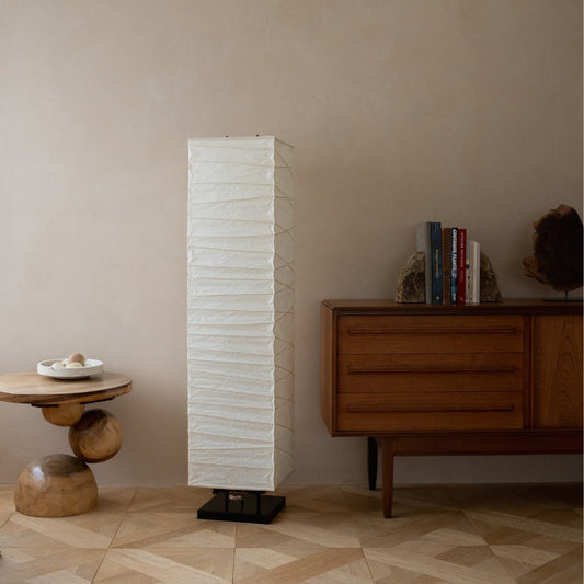 Japanese Washi Paper Floor Lamp "Harusame Washi 02" in Japandi style interior – Authentic Japanesei paper stand lamp for Japandi living room