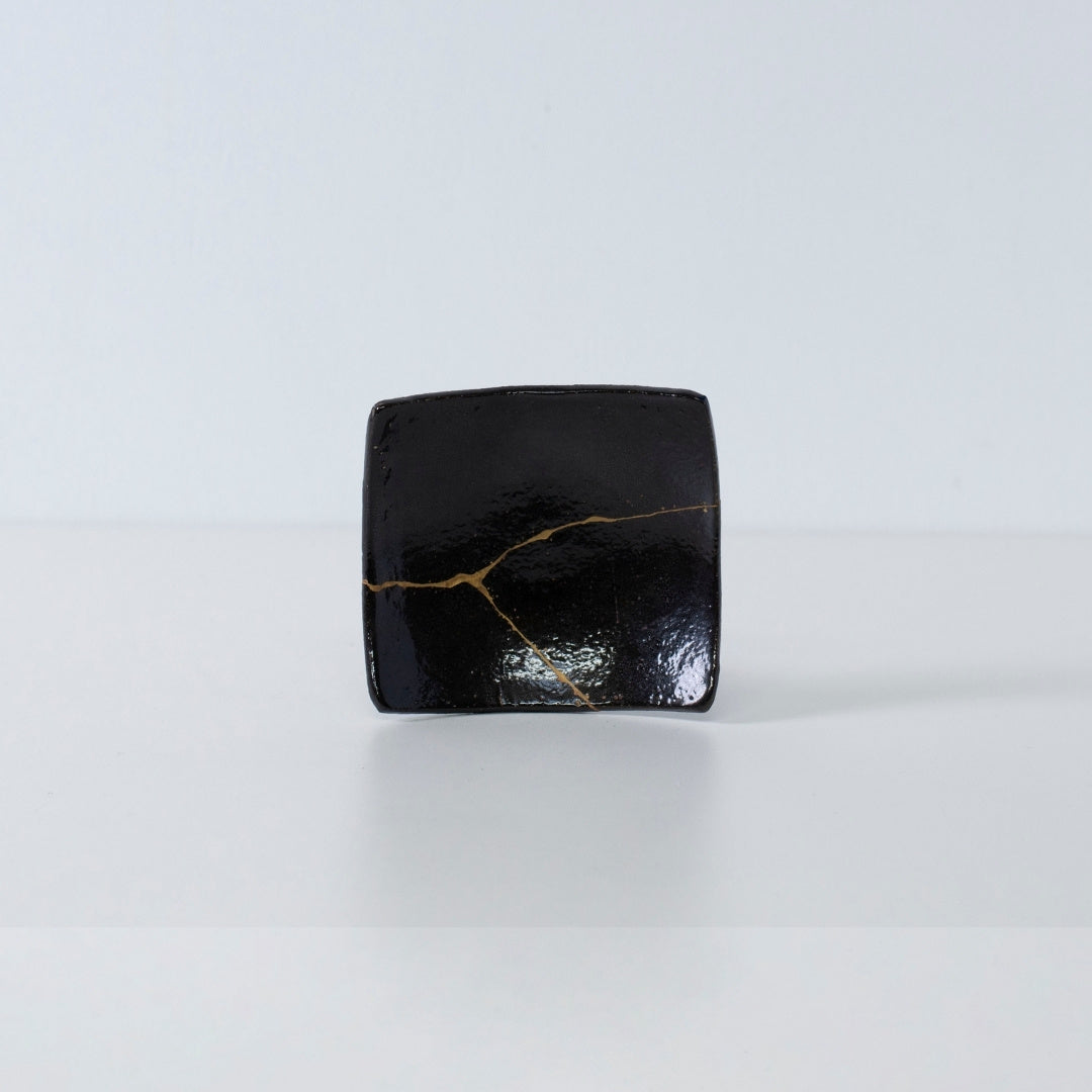 Side view of Kintsugi Square Plate "Jet Black Lighting" 03 in a white background