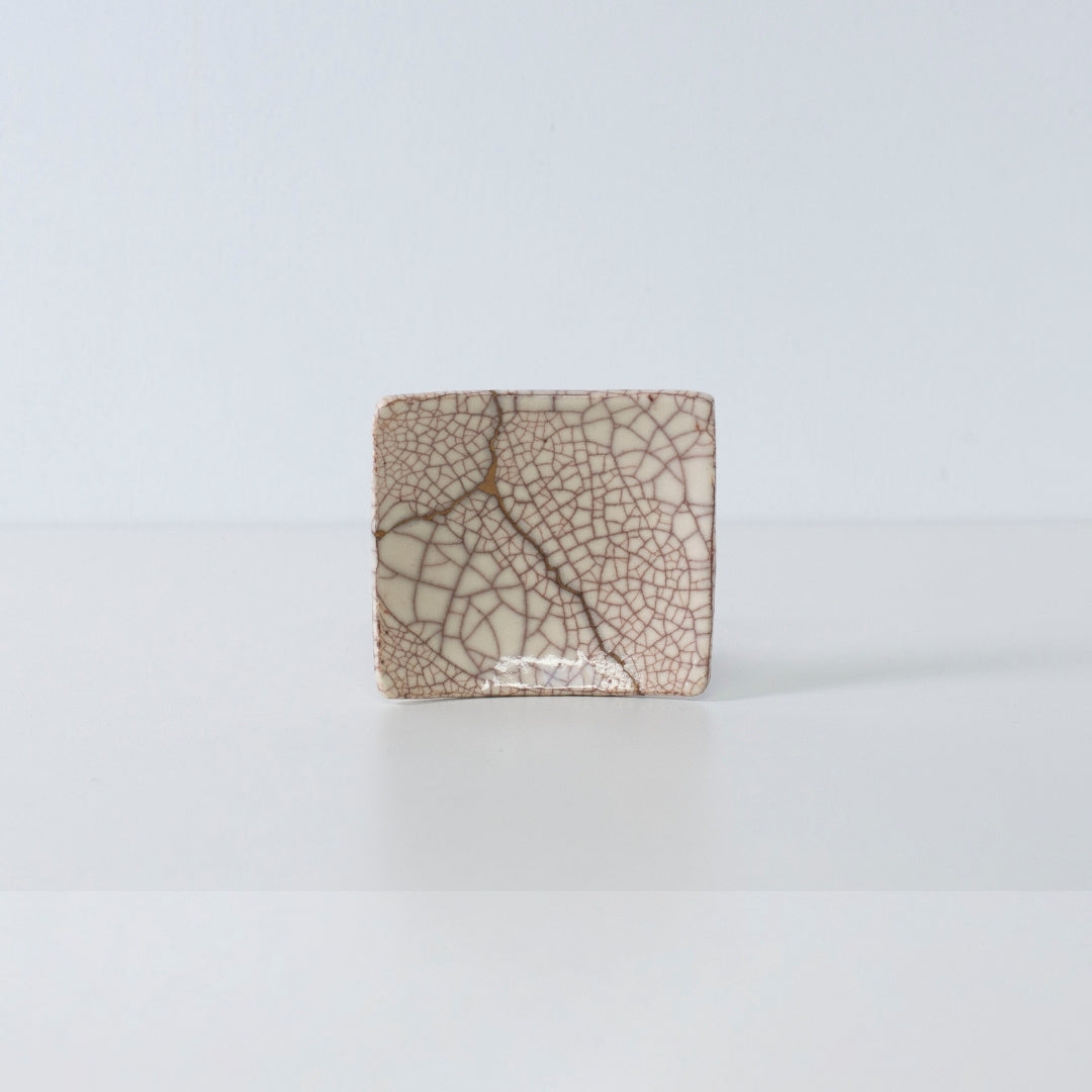 Side view of Kintsugi Square Plate "Vermilion Crackle" 03 in a white background