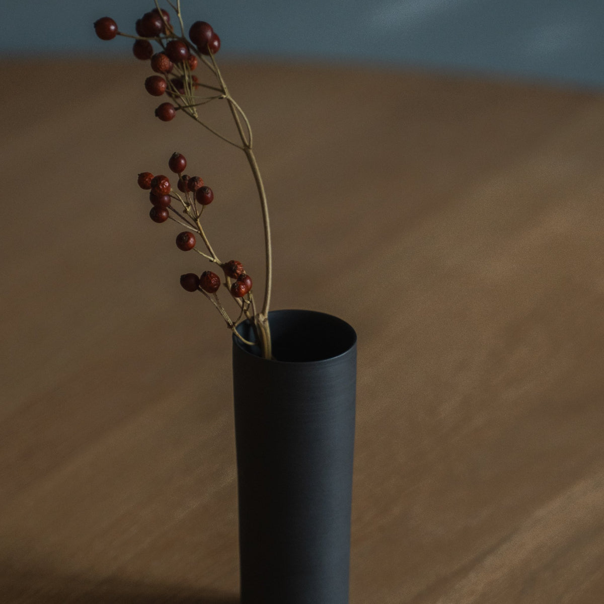 Japanese Single Flower Vase "Cylinder" in black styled in a styled room, detail lifestyle view.