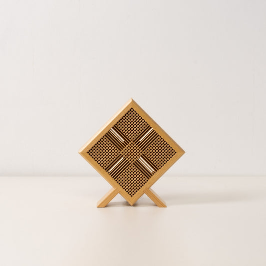 Japanese Wood Table Lamp Kanata, Natural, Aomori Hiba - Handcrafted Ambient Lamp with Kumiko wood working