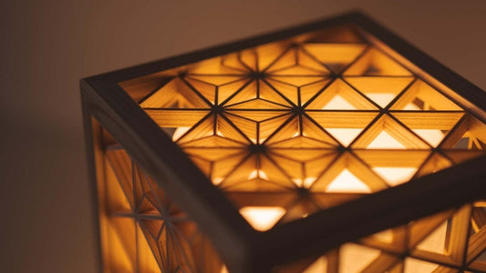 Japanese Kumiko floor lamp "Asanoha" small  emitting a warm glow and beautiful shadow