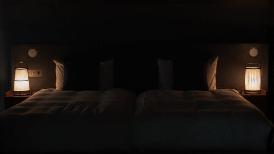 Dimy Schlafzimmer im Japandi-Stil mit japanischen Bambus-Stehleuchten