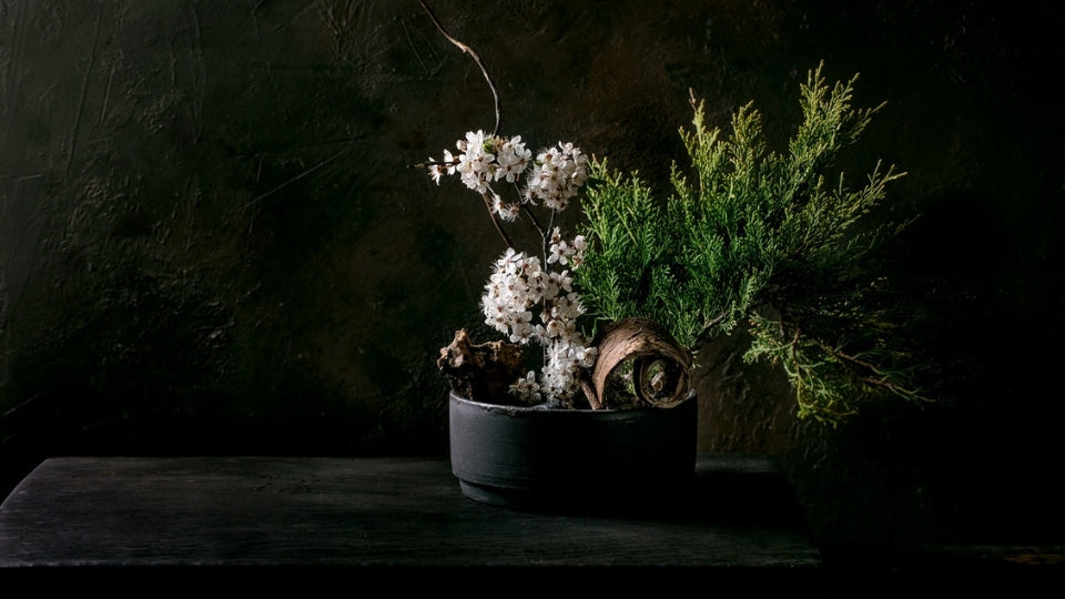 Japanse ikebana vaas met witte bloesems en dennentakken voor ikebana bloemstukken