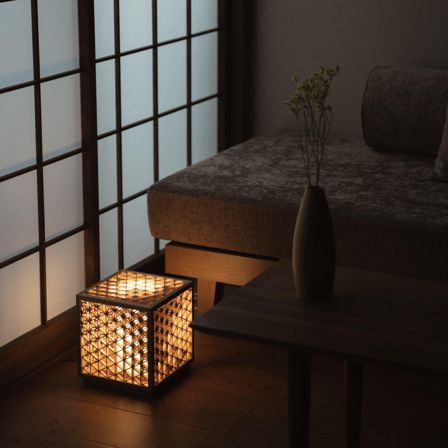 Japanese Kumiko Floor Lamps in A Japandi Living Room