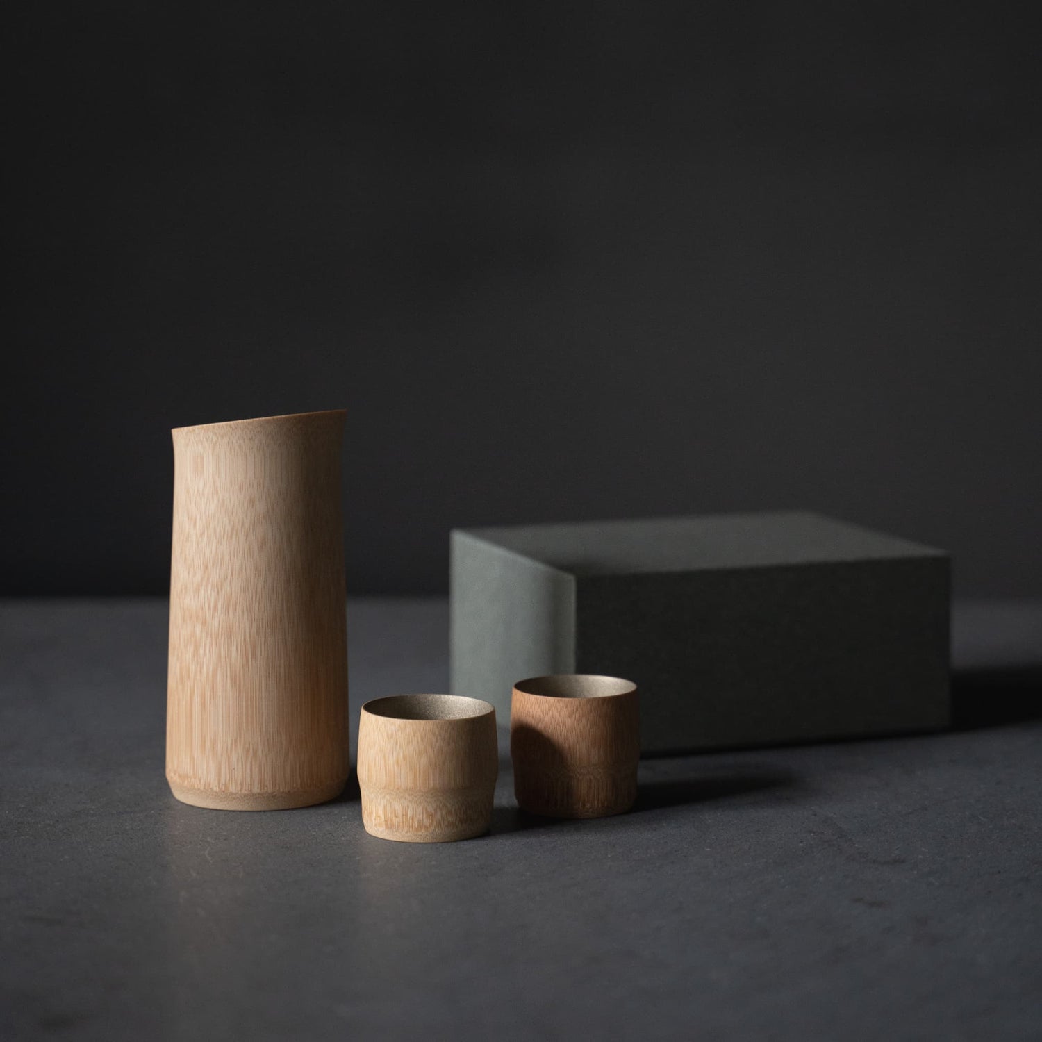 Father's Day Japanese sake set including a bamboo tokkuri carafe and two matching ochoko cups.