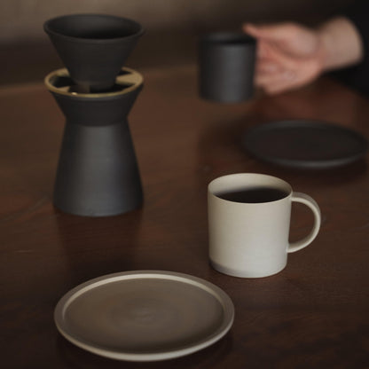 Japanese Banko yaki Coffee Server Set - Black Server, White Cup and Saucer