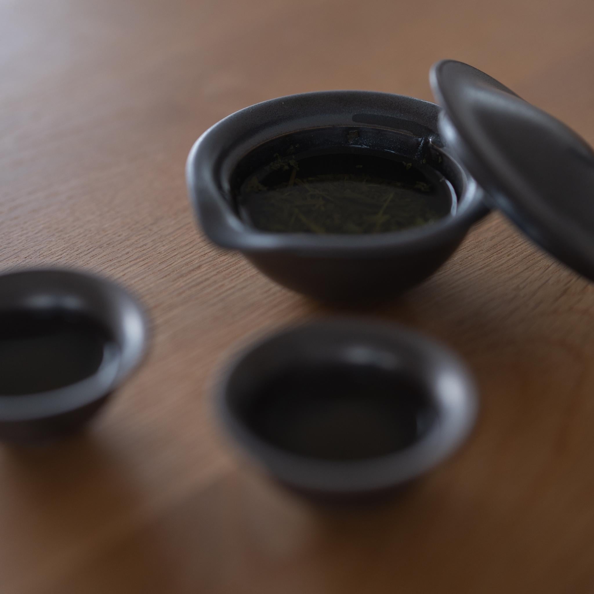 Sort japansk Hōhin tesæt – Traditionel Mino Ware tekande med to kopper til grøn te