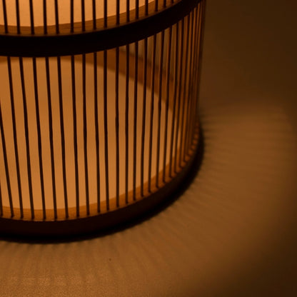 Bottom view of Japanese Bamboo Floor Lamp "Tutu" Small in dim lighting - washi paper floor lamp for living rooms