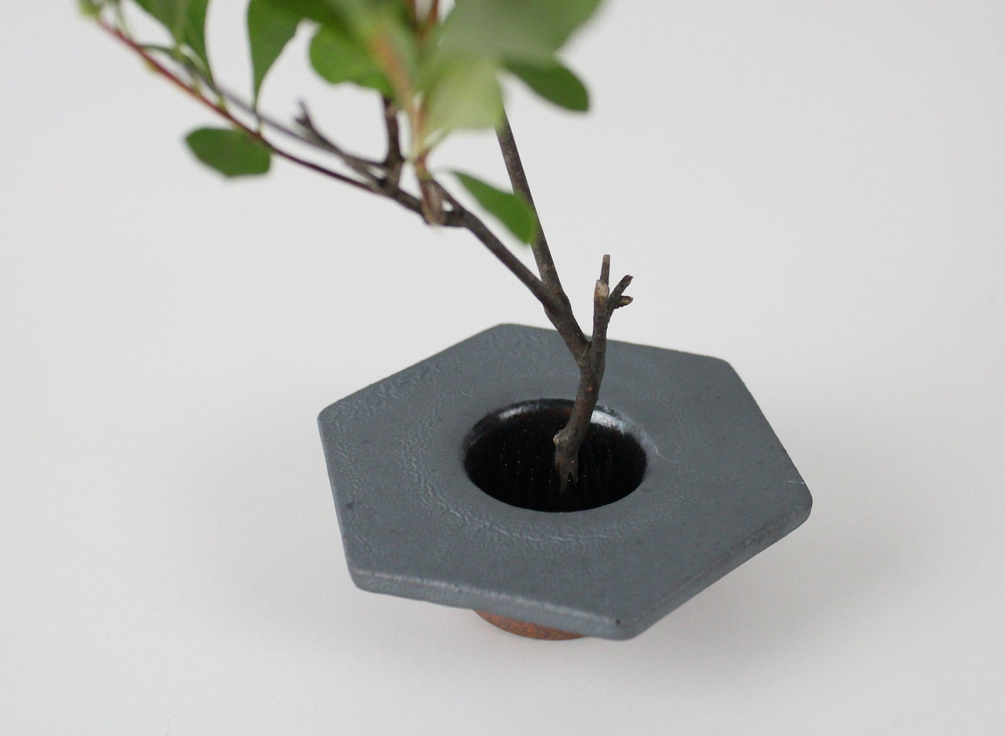 sekskantet minimalistisk jernvase inspireret af traditionelle japanske tagsten, med en grenarrangement.