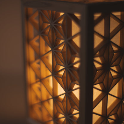 A Japanese Kumiko table lamp "Asanoha" close up view