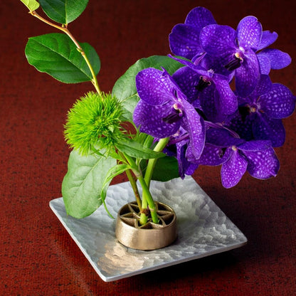 Ikebana blomsterarrangement med japansk pindløs Kenzan "Hana" L i japansk vase