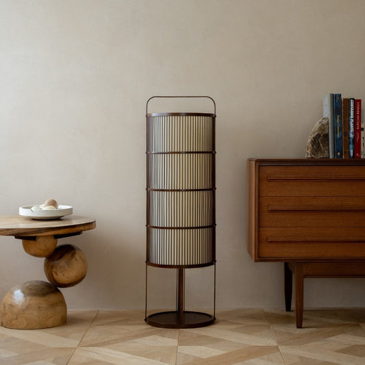 Japanese Bamboo Floor Lamp "Ajiro-base" in Japandi style interior – Tall nightstand lamps for Japandi living room
