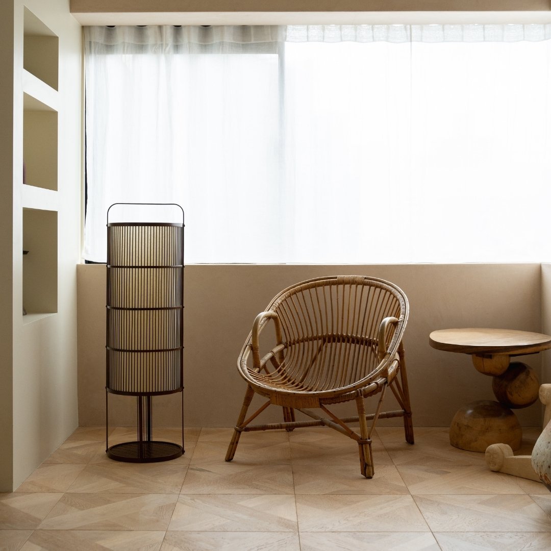 Japanese Bamboo Floor Lamp "Ajiro-base" in Japandi style space - Wabi-Sabi tall nightstand lamp for Japandi living room