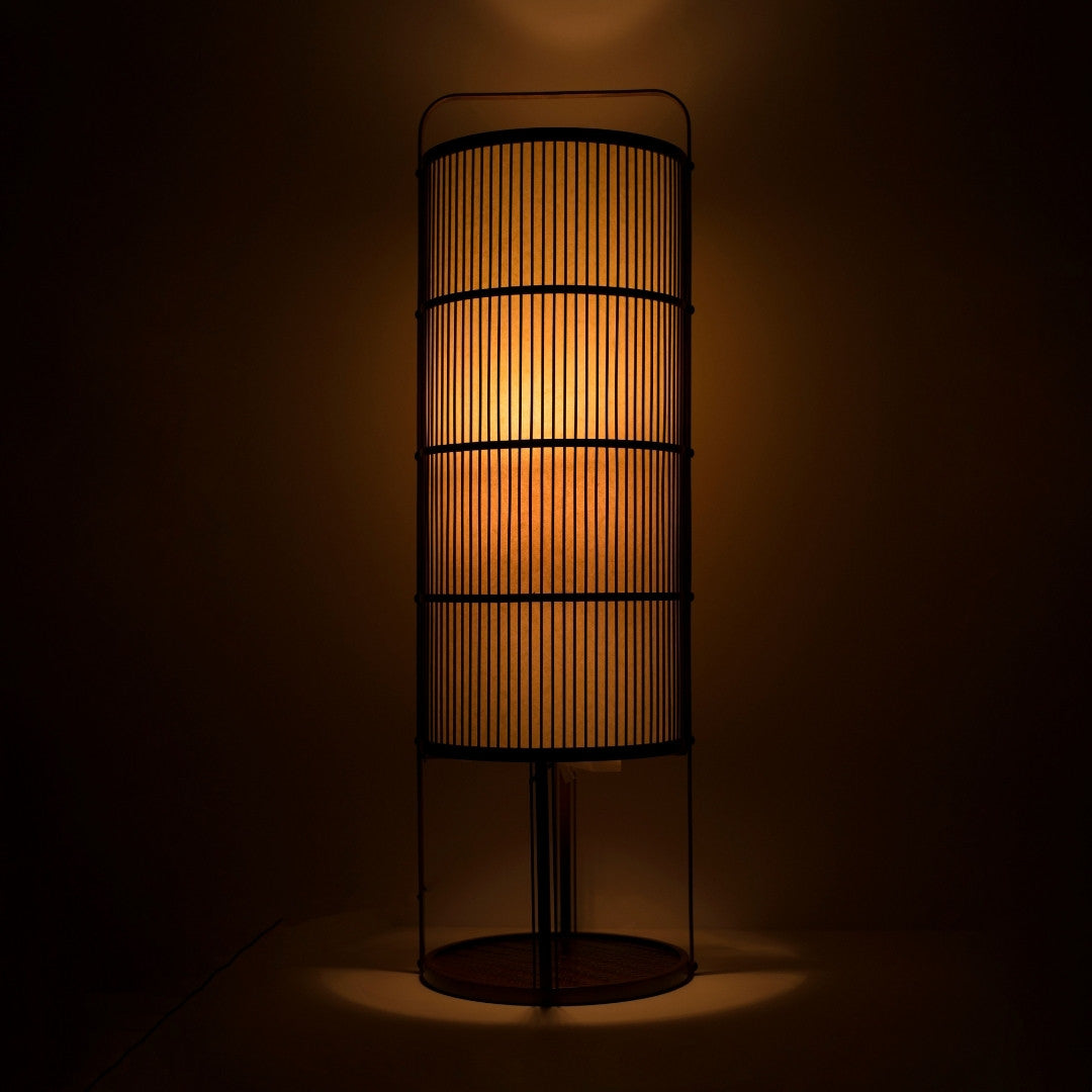 Japanese Bamboo Floor Lamp "Ajiro-base" illuminating a dark room - Authentic Bamboo standing lamp for Japandi living room
