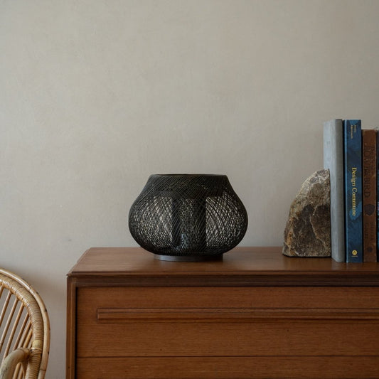 Japanese Bamboo Table Lamp "Kisaragi" on a wood shelf in Japandi room - Unique bamboo table lamp for Japandi living room