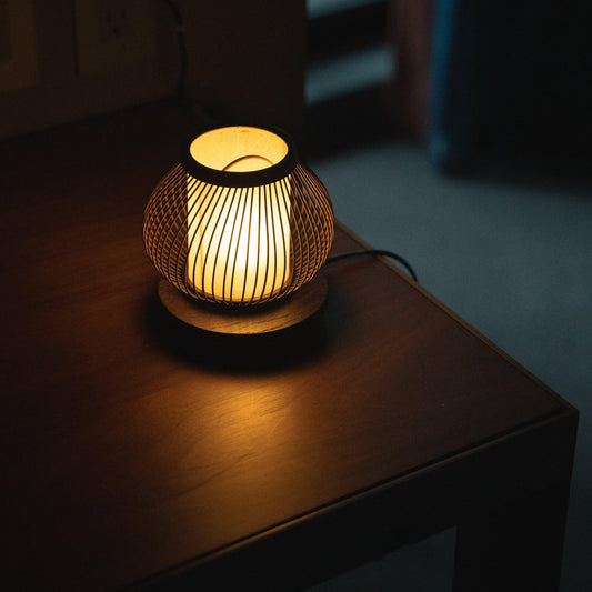 Japanese Bamboo Bedside Table Lamp on A Table. 