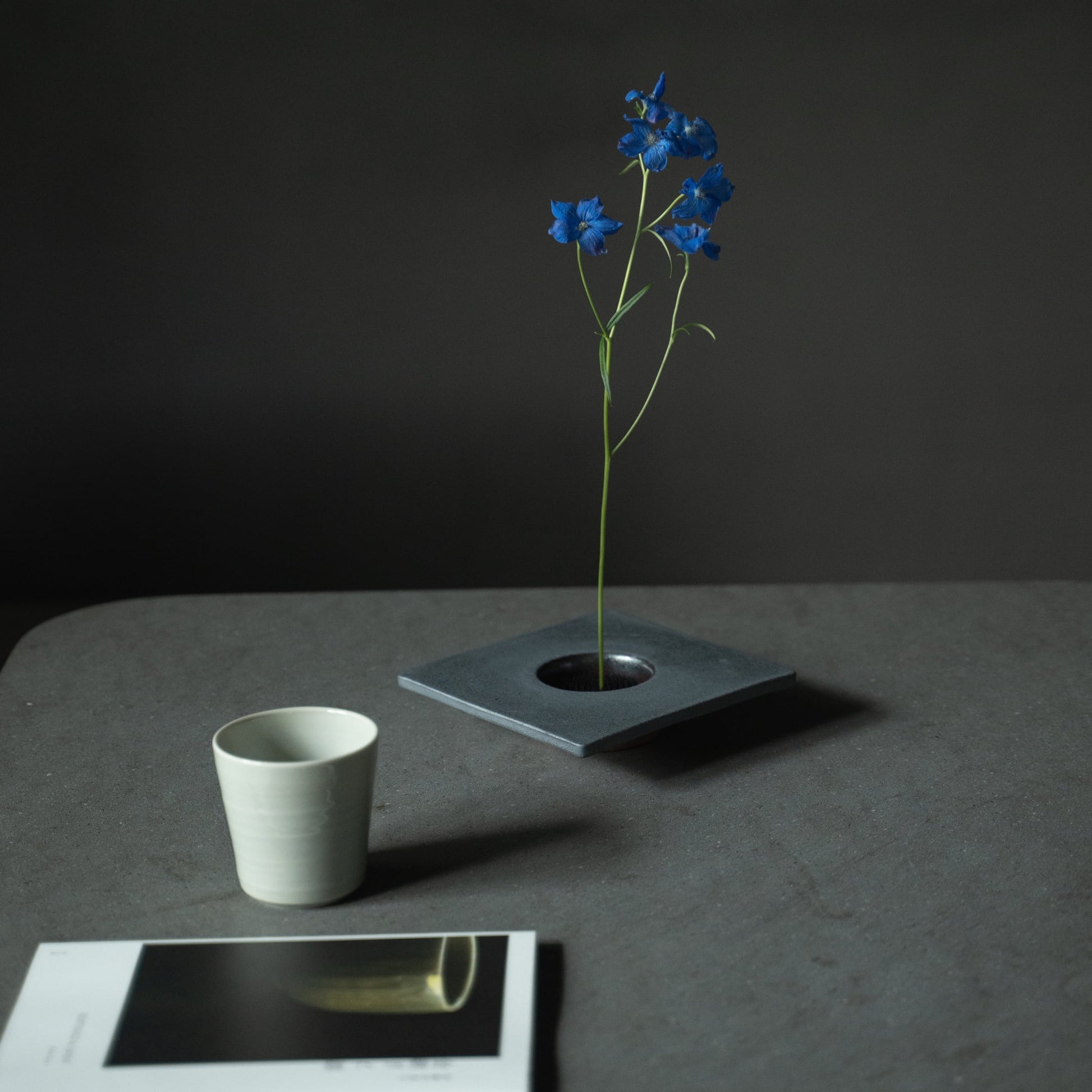 Tæt på en japansk jern ikebana-vase, der viser kenzan (blomsterfrosk) til at arrangere blomster.