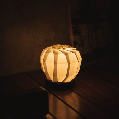 "Japanse Papieren Origami Tafellamp \"Bloem van Licht maru M\" Geplaatst op een Console Tafel in de Woonkamer"