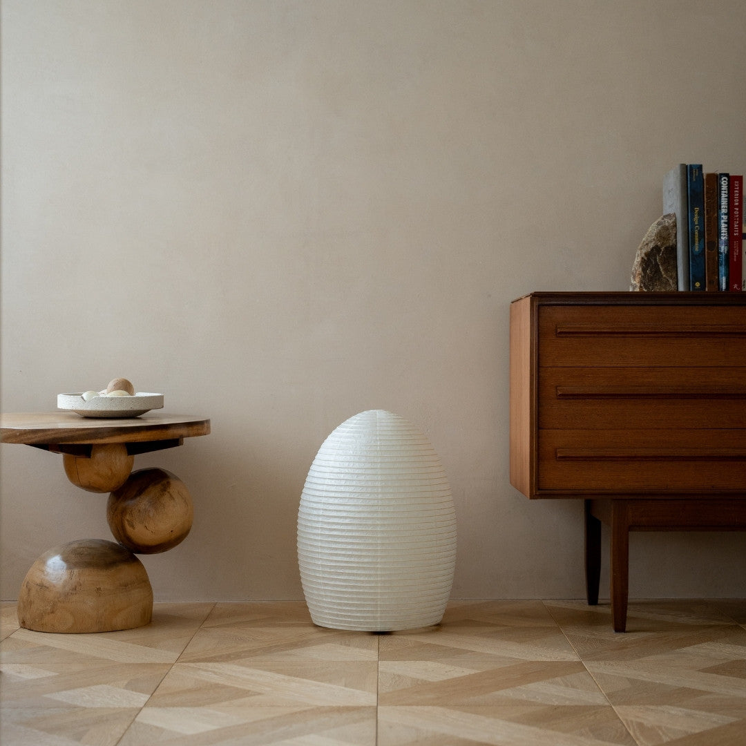 Japanese Paper Floor Lamp "paper moon 11" in Japandi style living room – Unique white paper standing lamp for living room
