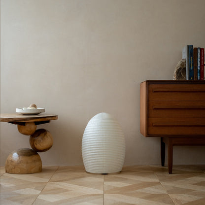 Japanese Paper Floor Lamp "paper moon 11" in Japandi style living room – Unique white paper standing lamp for living room