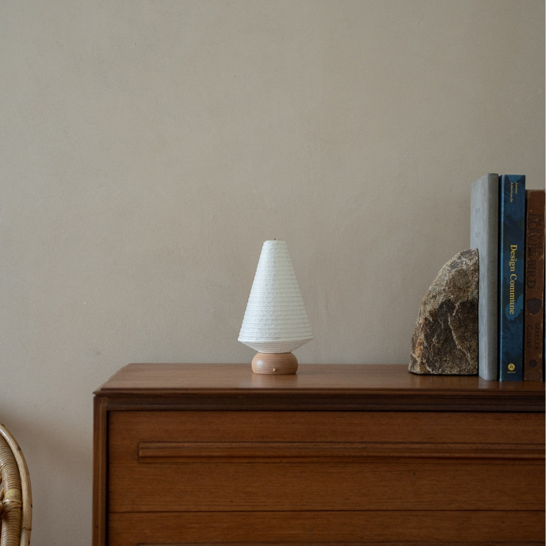 Japanese Paper Table Lamp "Mini Tree" on wooden shelf in Japandi style living room – Paper portable lamp for Japandi interior