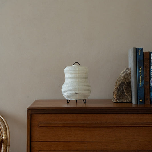 Japanese Paper Table Lamp "PAPERSON 03" on a wood table in Japandi living room - Authentic paper table lamp for Japandi interior