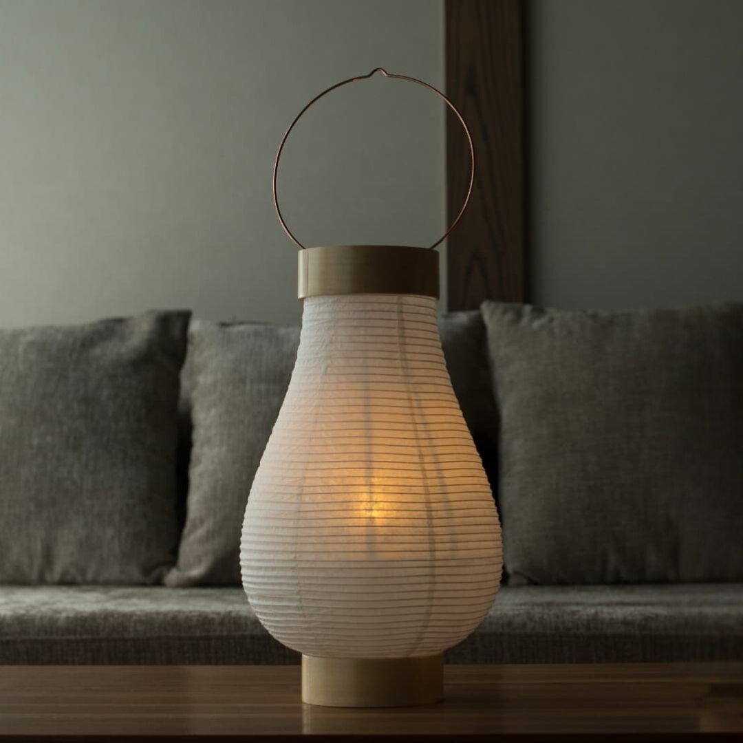 Japanse papieren lamp "TSUDOI" op een houten tafel.