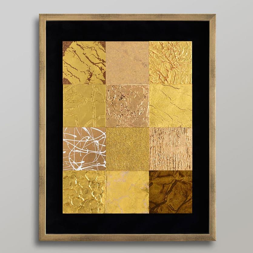 Japanse wanddecoratie bestaande uit negen panelen van bladgoud, elk met een natuurlijke element zoals wind of rots.