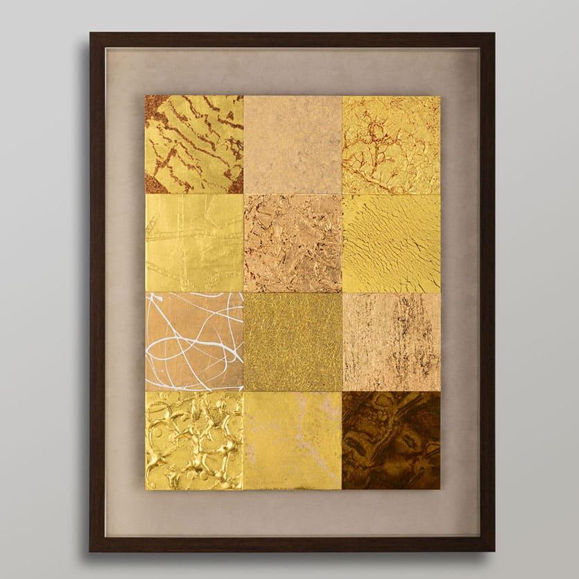 Een Japanse wanddecoratie bestaande uit negen panelen met gouden kunst, elk met een natuurlijke element zoals wind of rots.