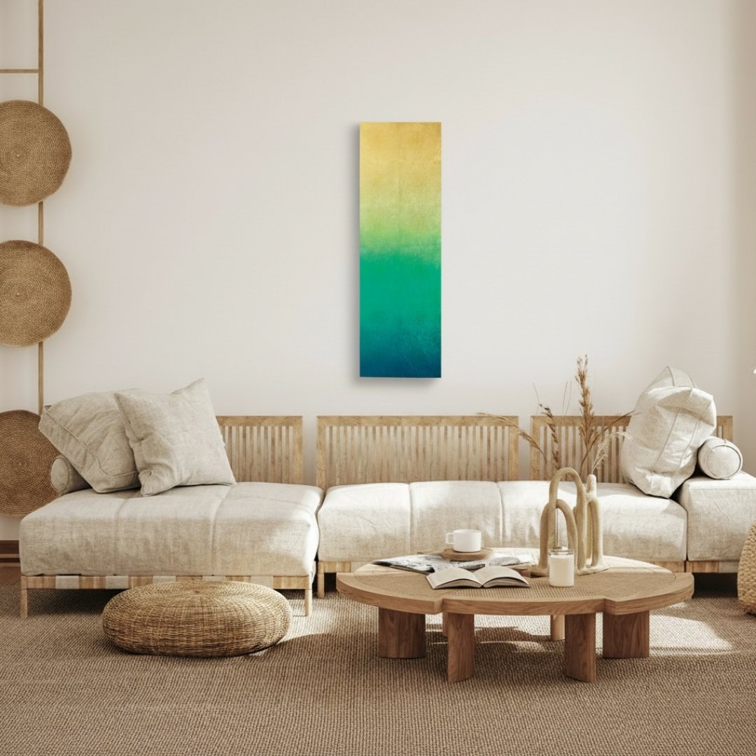 "Kinsui" Japanese wall art with blue-green gradation gold leaf, serene wabi sabi Japanese wall decor