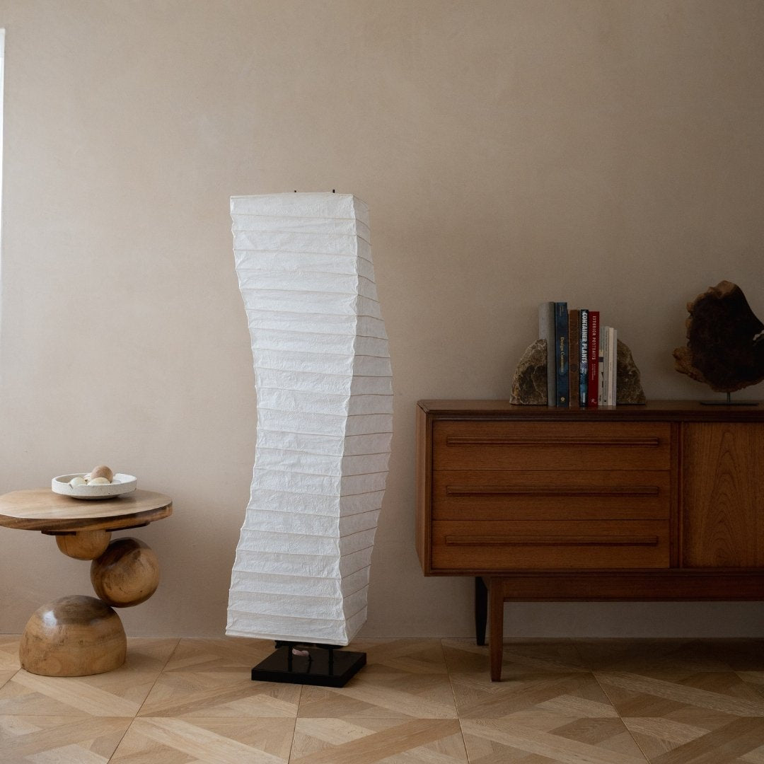 Japanese Washi Paper Floor Lamp "Momi Washi 01" in Japandi style interior – Tall standing floor lamp for Japandi living room