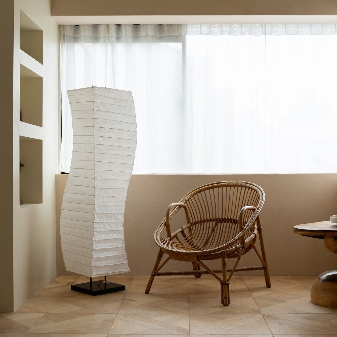 Japanese Washi Paper Floor Lamp "Momi Washi 01" in Japandi style space – Unique floor stand lamp for Japandi living room