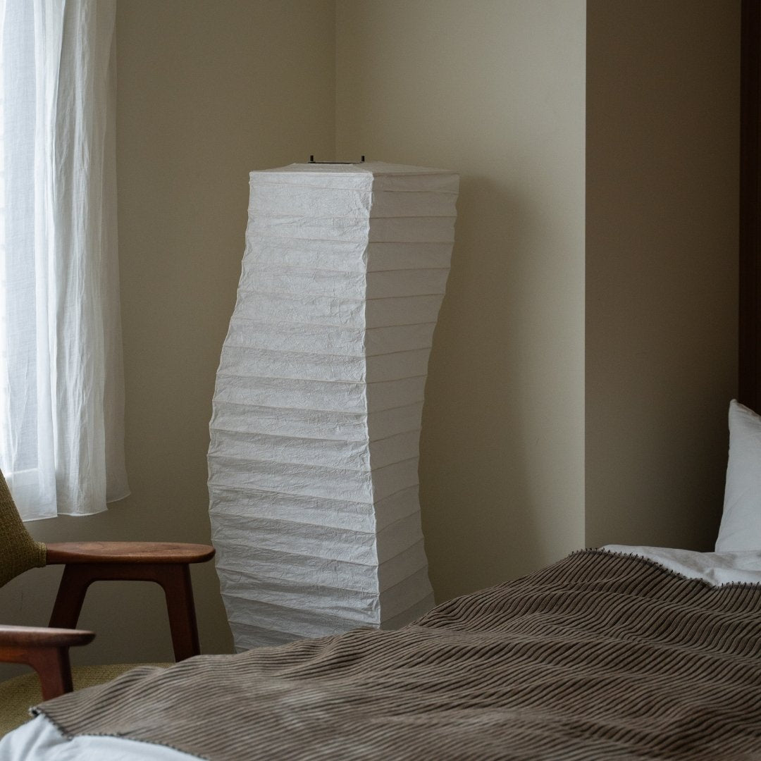 Japanese Washi Paper Floor Lamp "Momi Washi 01" in Japandi style bedroom – Unique tall floor paper lamp for Japanese bedroom