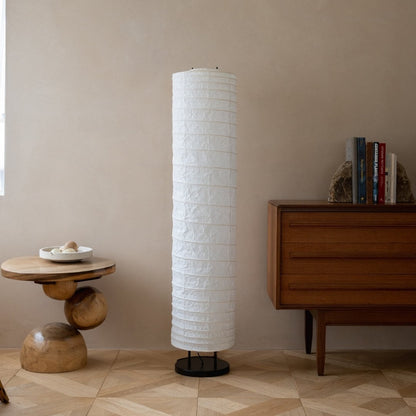 Japanese Washi Paper Floor Lamp "Momi Washi 02" in Japandi style interior – Stylish tall paper floor lamp for Japandi living room