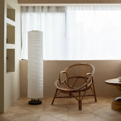 Japanese Washi Paper Floor Lamp "Momi Washi 02" in Japandi style space – Tall floor stand lamp for Japandi living room & bedroom