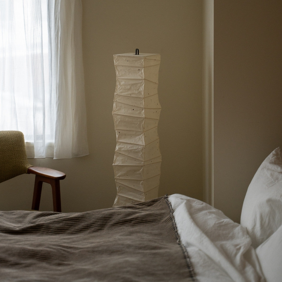 Japanese Washi Paper Floor Lamp “Slender” in Japandi style bedroom – Stylish tall nightstand lamp with wabi-sabi