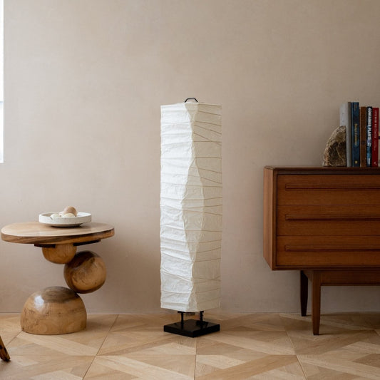 Japanese Washi Paper Floor Lamp “Type G” in Japandi style interior – Authentic white paper floor lamp for Japandi living room