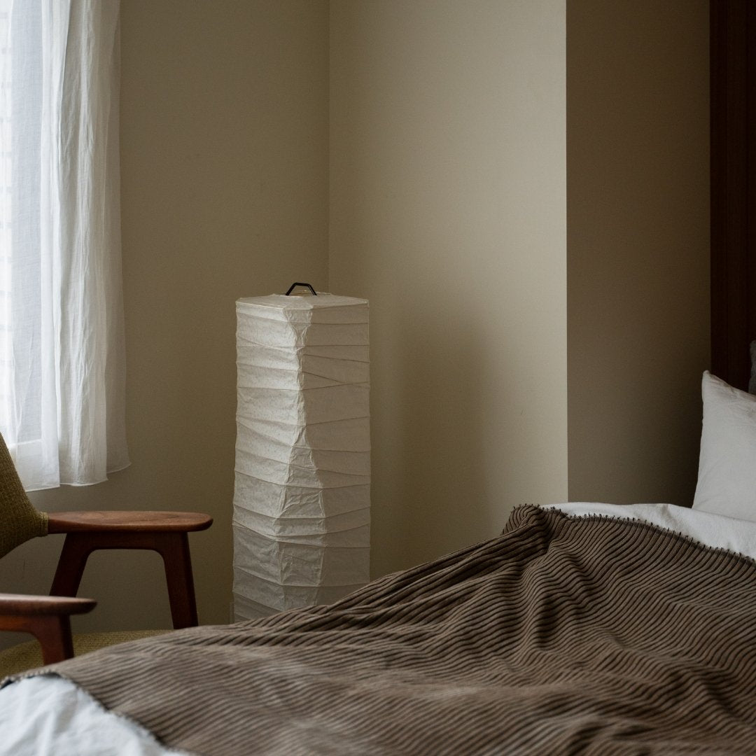 Japanese Washi Paper Floor Lamp “Type G” in Japandi style bedroom – Authentic Japanese paper lamp for Japndi bedroom & living room