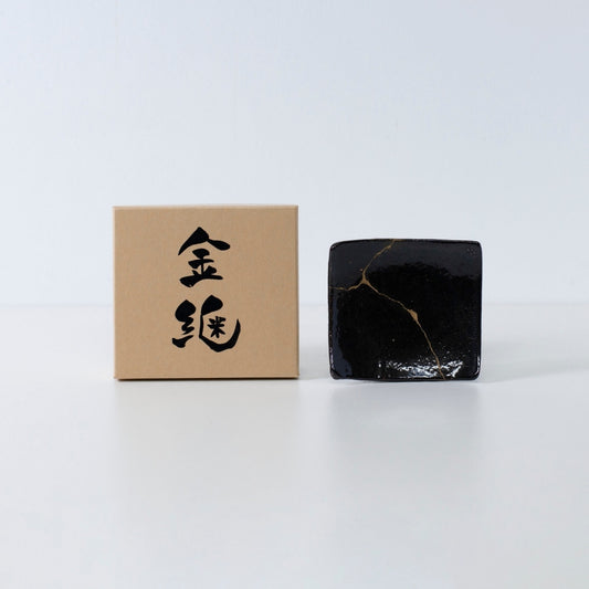 Side view of Kintsugi Square Plate "Jet Black Lighting" 05 with case in a white background