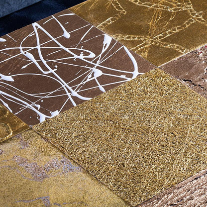 Detailed design of a gold leaf wall art composed of nine panels, each depicting a natural element.
